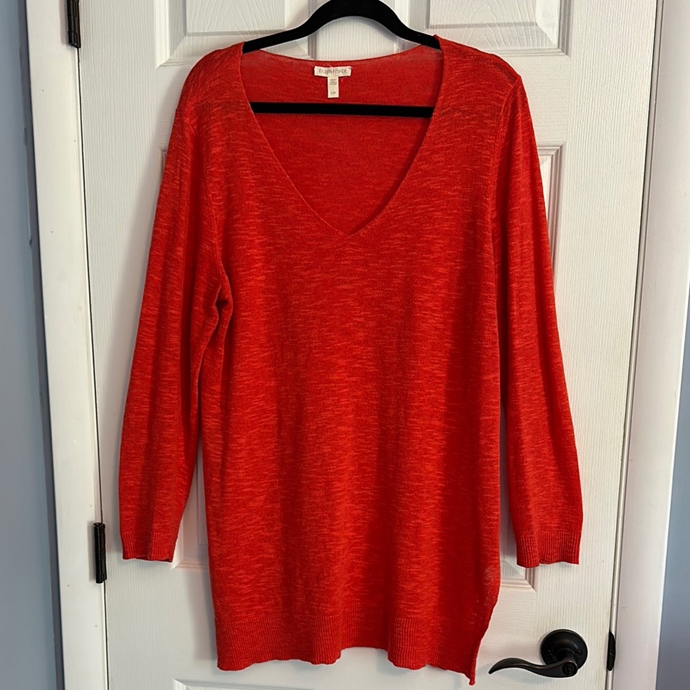 Eileen Fisher Orangey-Red V-Neck Summer Linen/Cotton Sweater Size L